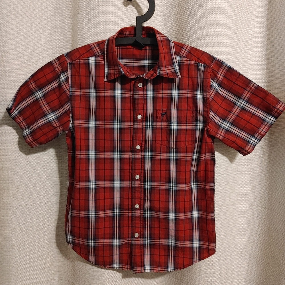 (4/$20) Wrangler Boys Red Plaid Short-sleeve Button Down Shirt Size XL (14-16)
